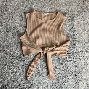 Beige Sleeveless Knitwear with Tie at the Bottom